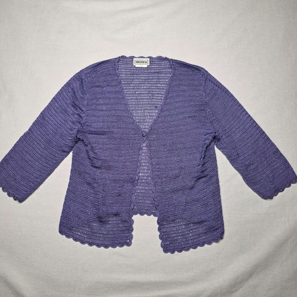 Vintage Indira Open Knit Crochet Cardigan Sweater 1 Button Purple Medium Y2K